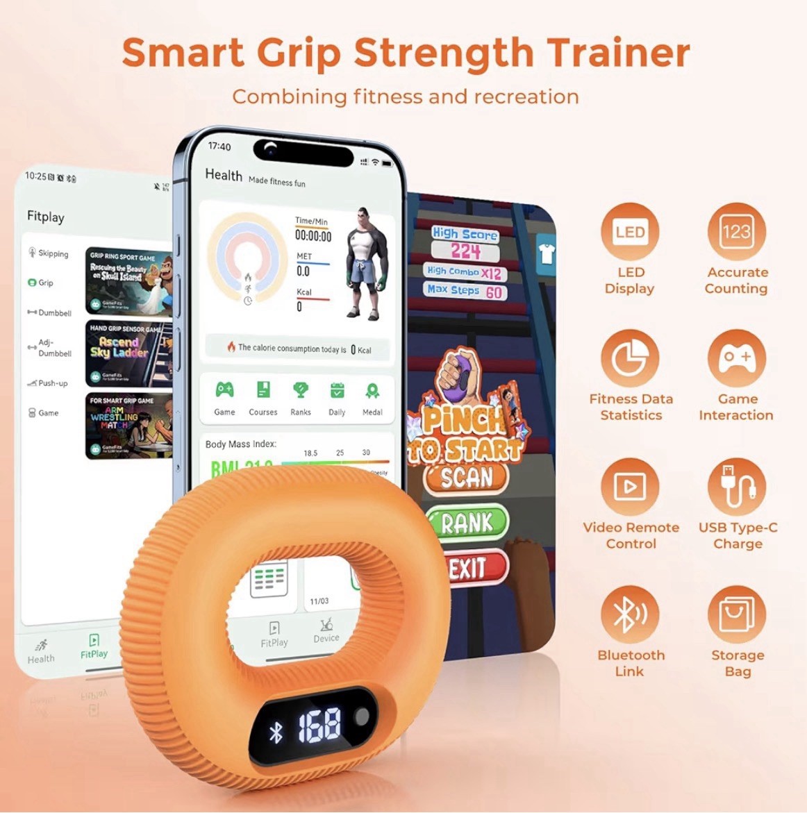 Smart Hand Grip Strength Trainer 30lb Bluetooth App Games & TikTok Remote Orange