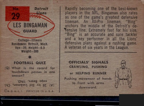 1954 Bowman #29 LES BINGAMAN Detroit Lions - Picture 2 of 2