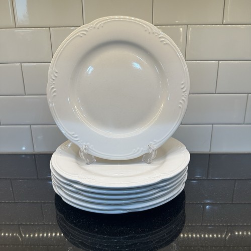 Set of 7 Pfaltzgraff FILIGREE Scallop Dinner Plates 10 3/8" Scrolls on White - Picture 4 of 10