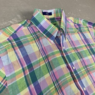 Alan Flusser 100% Linen Shirt Mens XL Multicolor Plaid Button Down Short Sleeve