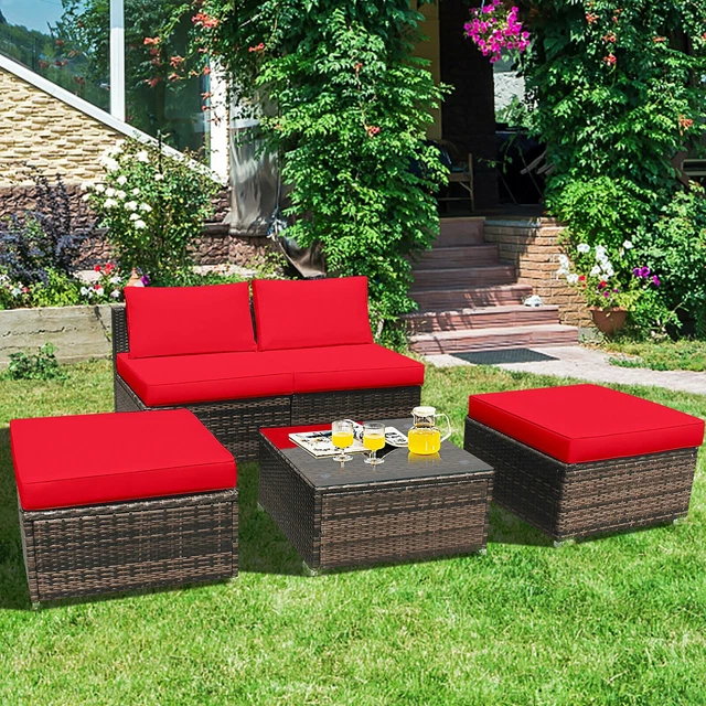 Costway 5PCS Patio Rattan Wicker Furniture Set Armless Sofa Cushioned Red