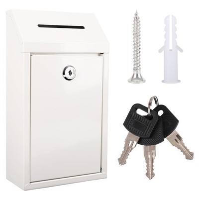 White Metal Donation Ballot Box Lock Slot Wall Drop Box 10.24x5.71x2.95 Inch