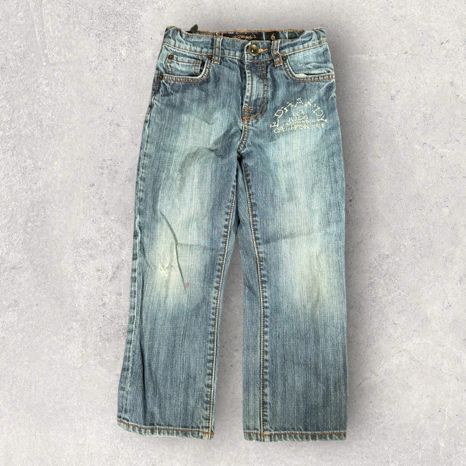 Pantalones de mezclilla bordados vintage Y2K Ed Hardy Christian Audiger juvenil talla 6 Foto 2 de 4