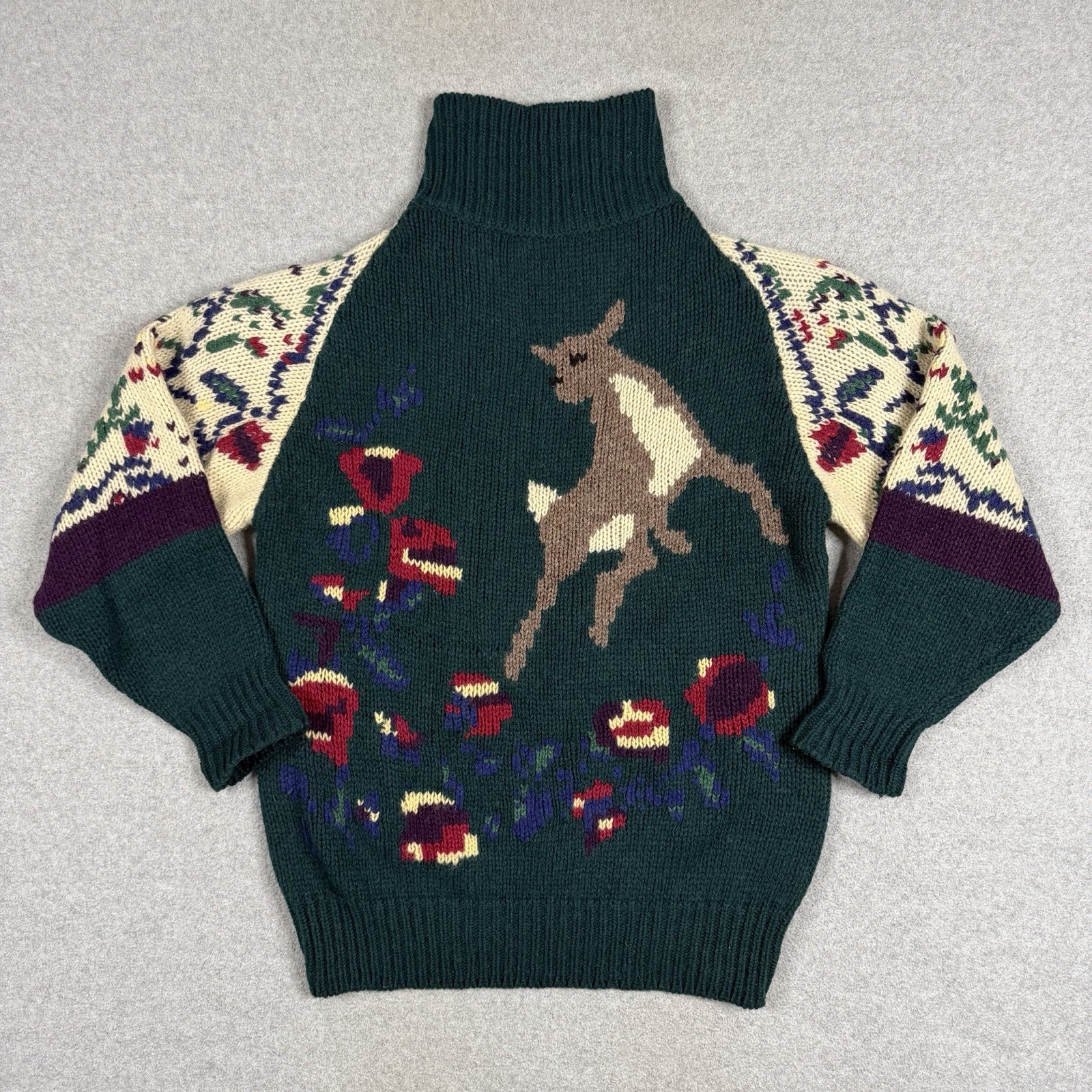 Vintage 80s The Eagles Eye Hand Knit Turtleneck Sweater Deer Wool Size Medium M