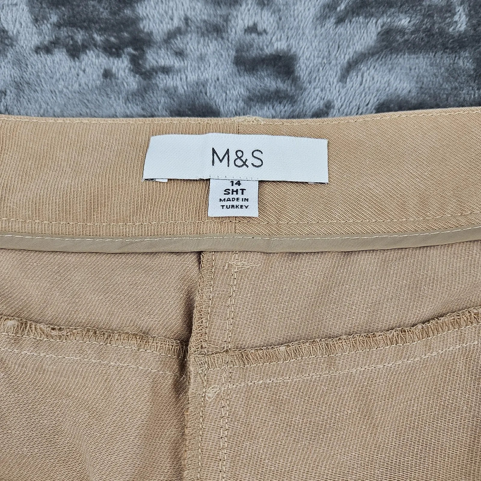 M&S Womens Trousers UK 14 Short Stone Beige Cotton Lyocell Pleated Tapered Leg image 5