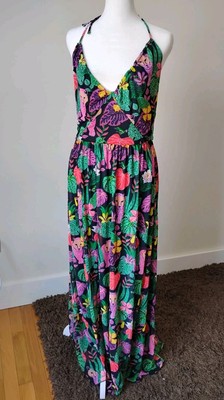BETSEY JOHNSON Sz L Toucan Leopard Paulina Halter Maxi Dress Sun Large Lined