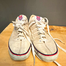 K-Swiss White Canvas Low Top Lace Up Men's Athletic Sneaker Red/Blue Stripe