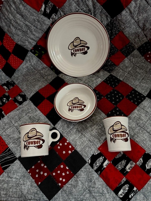 RARE! Fiesta Cowboy Set of 4. Mug, Glass, Plate, and Bowl!  Unused. 1st Quality!