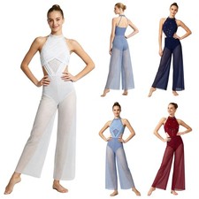 Women Dance Jumpsuit Lyrical Dance Rompers Backless Unitard Built in Briefs