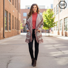 Double Zero Southwestern Fringed Cardigan NWOT Gray & Red Small