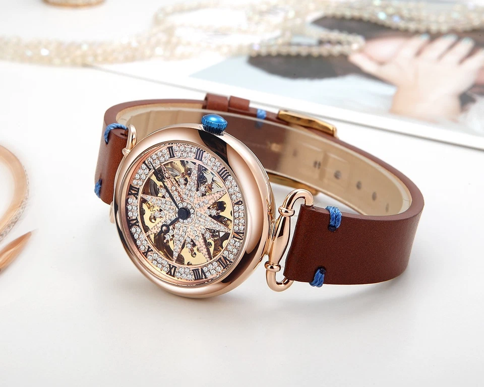 Reloj mecánico automático SKONE de lujo para mujer esfera estrella esqueleto correa de cuero Foto 2 de 4