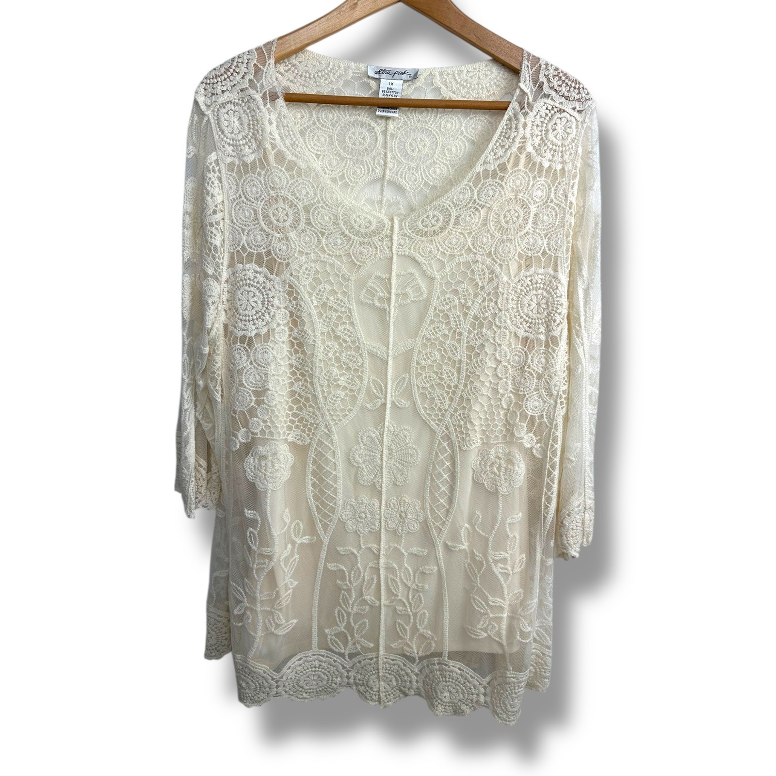 Ultra Pink Lace Overlay Tunic Top Cream 3/4 Sleeve V Neck Boho 1X