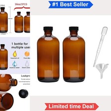 2 Pack 16 Oz Amber Glass Boston Round Bottles with Poly Cone Caps for Essential