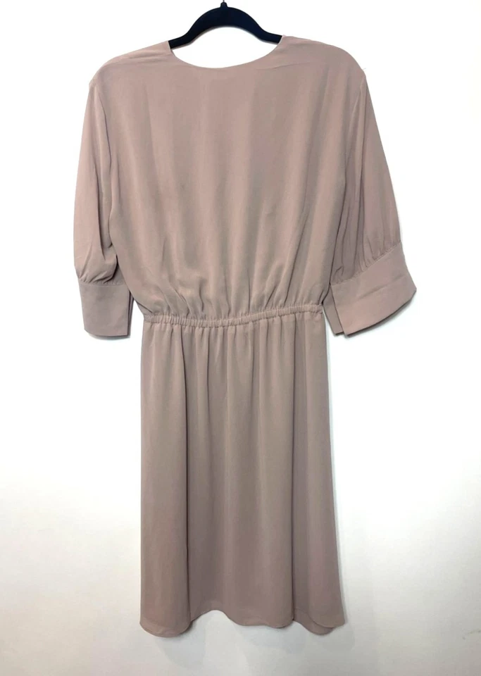 H&M Chiffon Drawstring Waist Dress Powder Beige M Knee-Length Short Wide Sleeves - Image 3 of 4