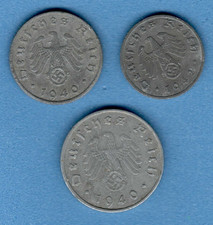 1940-42 Germany Third Reich Set 3 zinc coins: 1, 5 10 Reichspfennig SWASTIKA 414