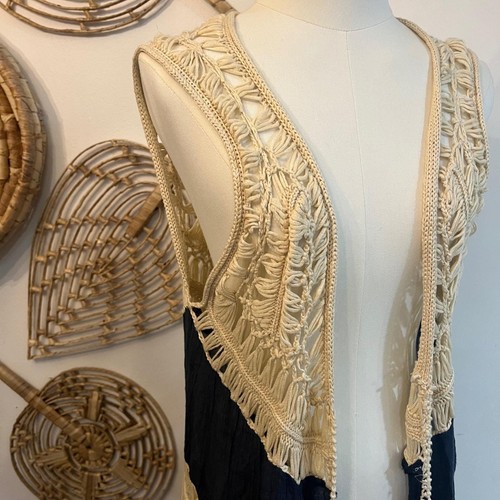 Vintage Braided Imports Boho Crochet Macrame Long Duster Vest Festival M - Afbeelding 3 van 7