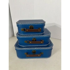 Set of 3 Blue Decorative Suitcases Storage Boxes Vintage Style