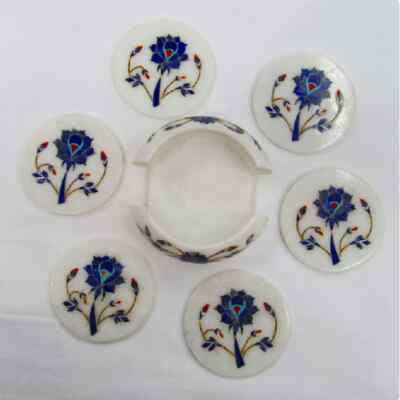 Marvelous blue lapis Marble Inlay Tea Coffee Coaster Set Kitchen table Decor k4