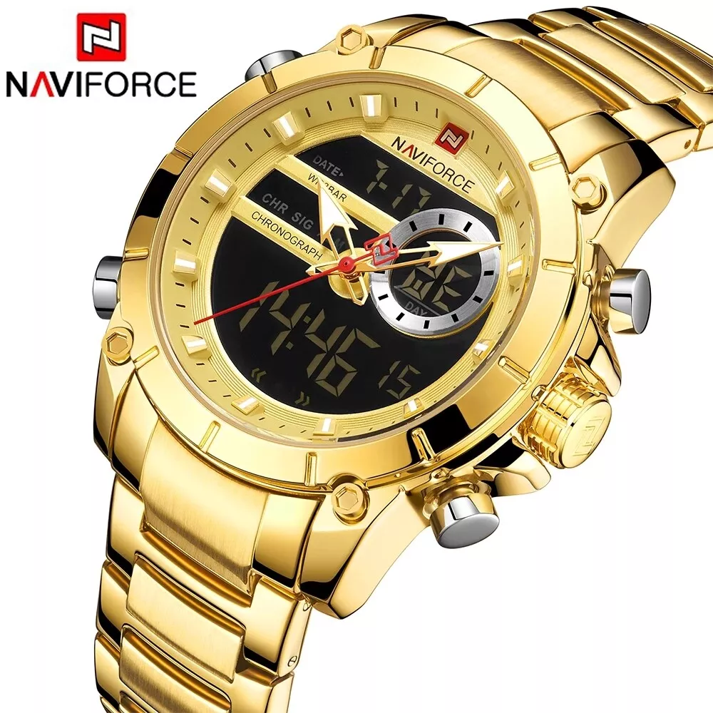 NAVIFORCE Men Military Sport Wrist Watch Gold Steel Digital Quartz Male Watches