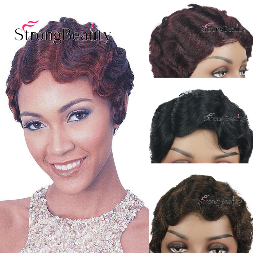 Short Wavy Retro 100% Real Human Hair Women Wig Costume Wigs with