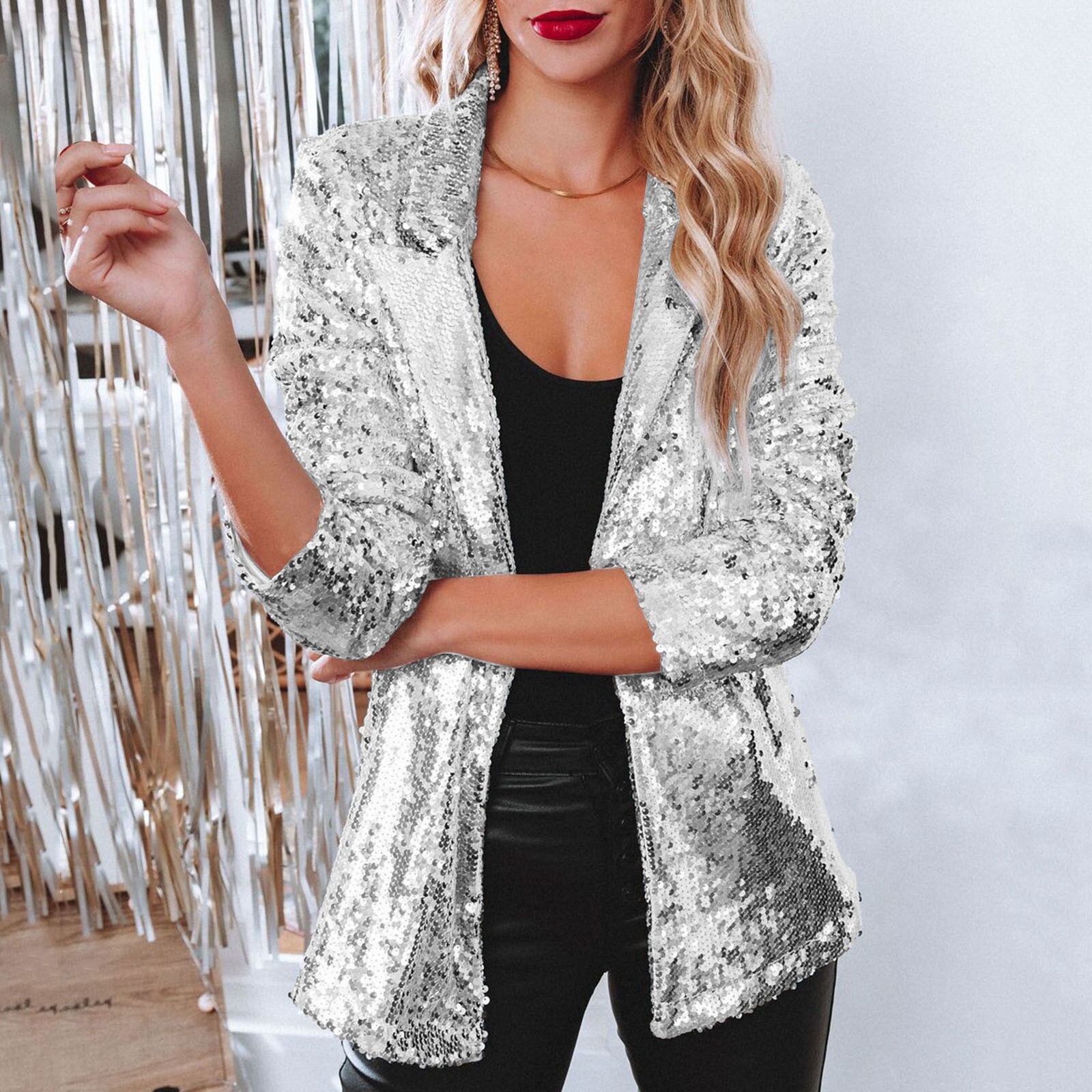 Womens Glitter Sequin Blazer Suit Open 