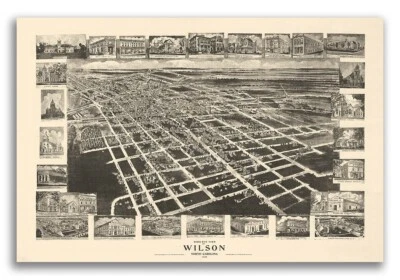 Bird's Eye View 1908 Wilson North Carolina Vintage Style City Map - 16x24