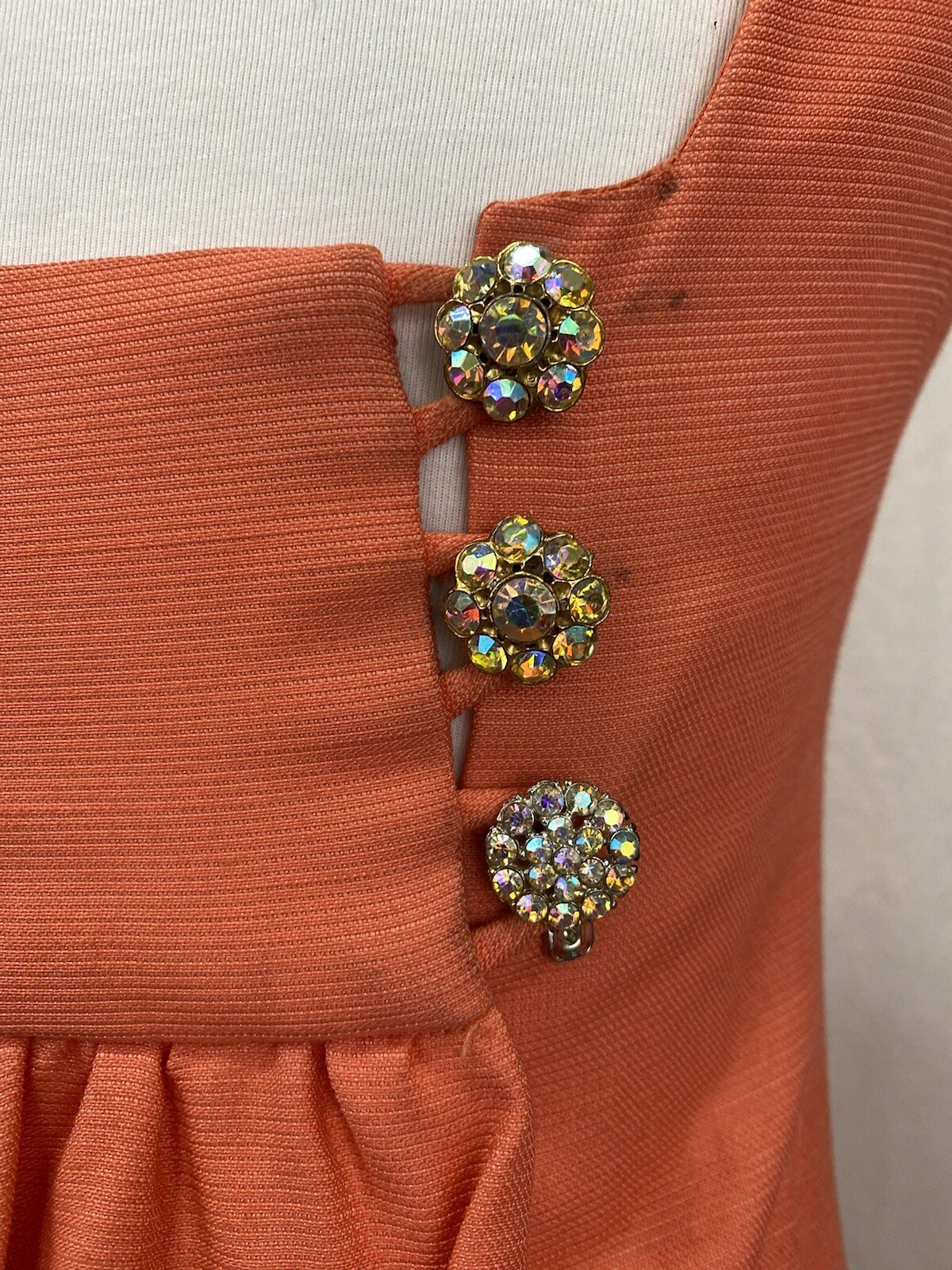Vintage Orange Dress Rhinestone Buttons size 6 Gem