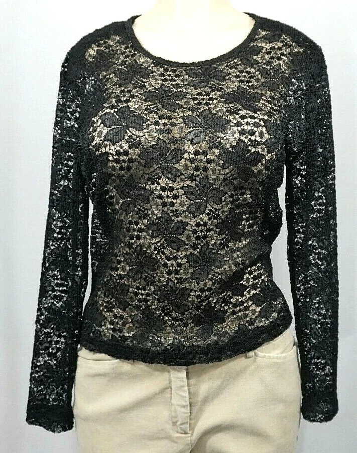 Blusa negra de encaje floral de manga larga para mujer Angee Fashions talla L