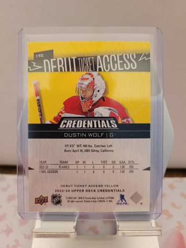 2023-24 Upper Deck Credentials Debut Ticket Access Yellow Dustin Wolf RC - Picture 2 of 2