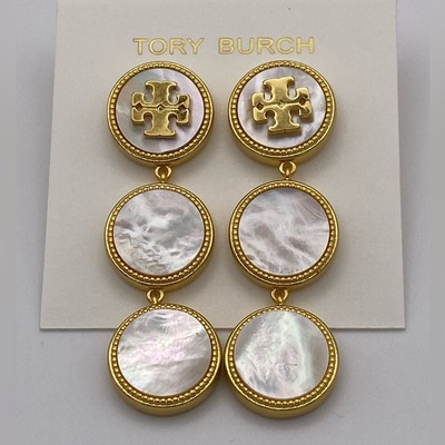 Tory Burch triple button semi precious drop earrings. Mother of pearl inlay. New