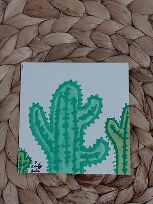 3x3 Inch Acrylic Painting On Watercolor Paper Signed Cactus Ink And Acrylic M1