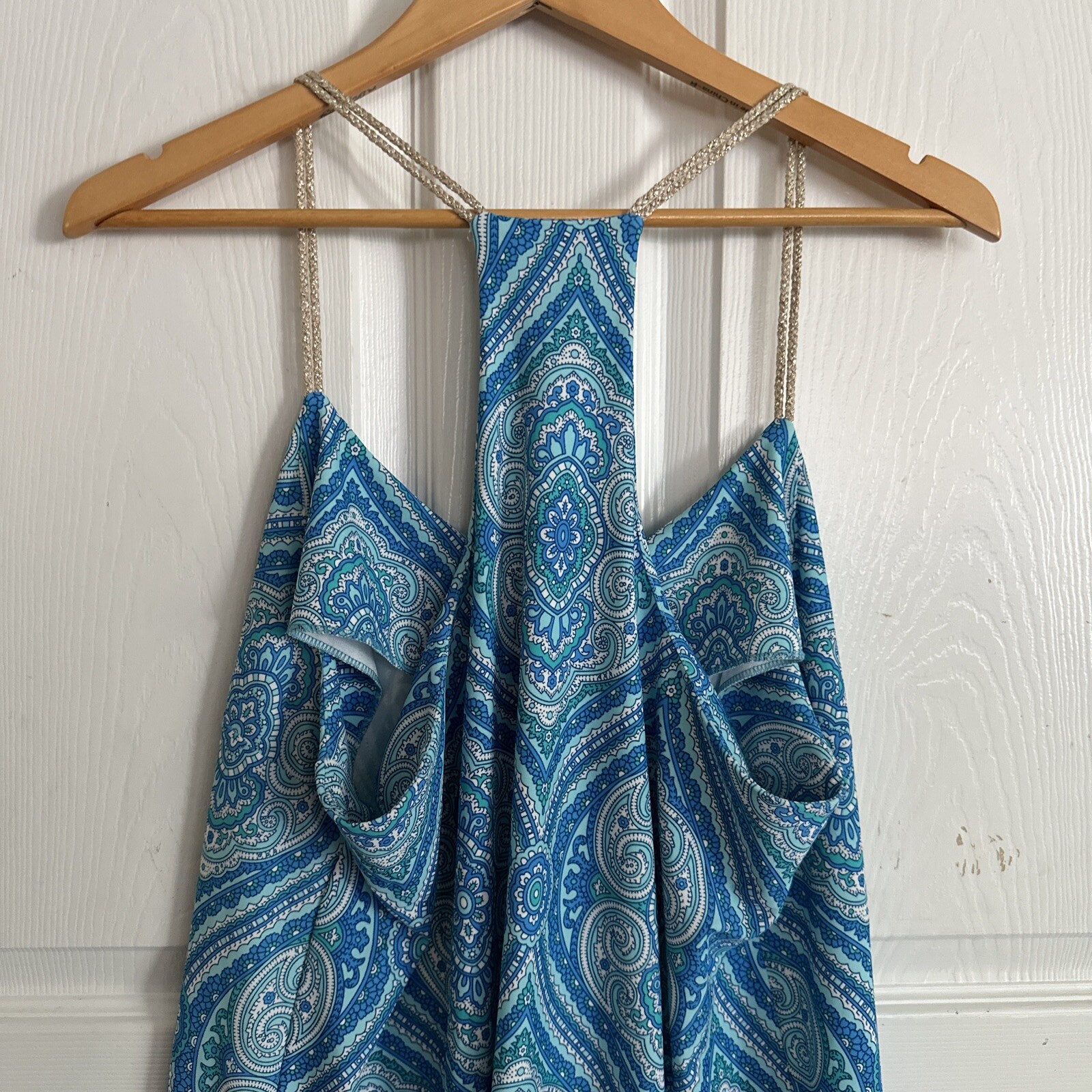 JUDE CONNALLY Blue and White Bailey Halter Dress Gold Lattice Ropes ...