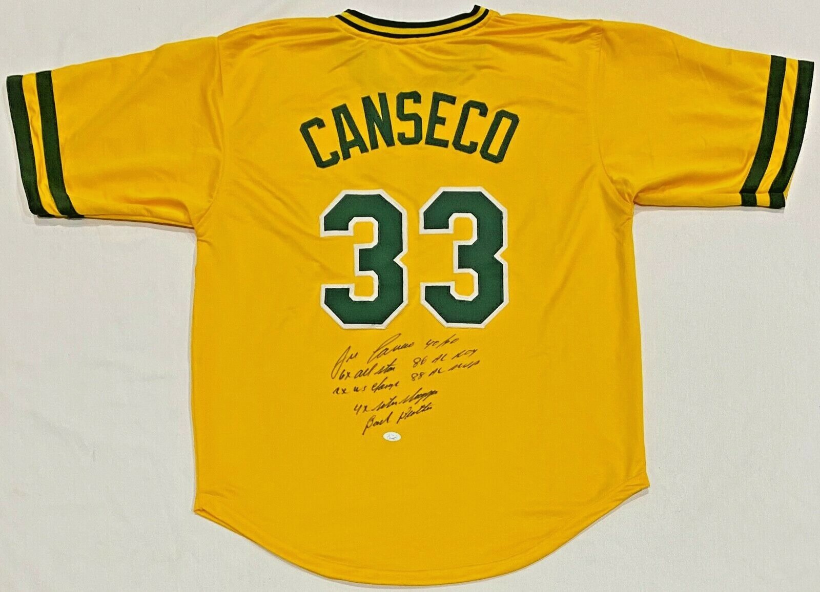 Jose Canseco Signed Autographed Yellow Jersey JSA Authenticated 7 Inscriptions 