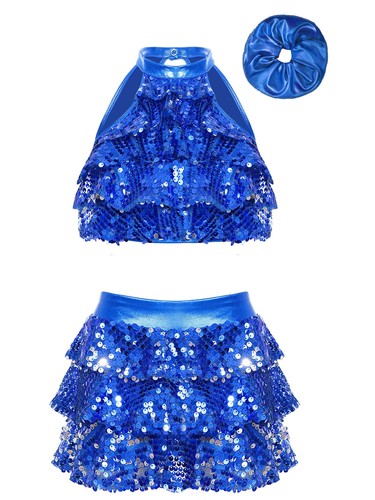 Kids Girl's Shiny Sequin Dance Crop Top with Tassel Tutu Skirt Set Dancewear - Picture 48 of 64