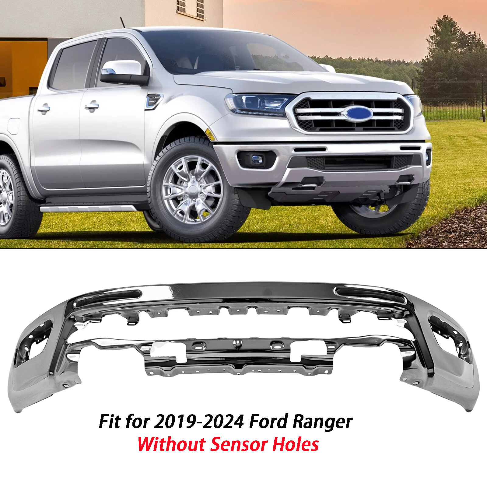 New Chrome Front Bumper For 2019-2023 Ford Ranger Without Sensor Hole KB3Z17757A