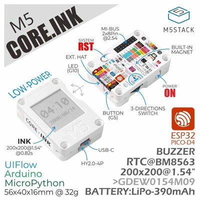 M5Stack M5Stack ESP32 Core Ink Development Kit with 1.54'' elnk Display
