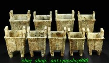 7''Old Han Dynasty Hetian Jade Beast Face Ding Incense Burner Censer Statue Set
