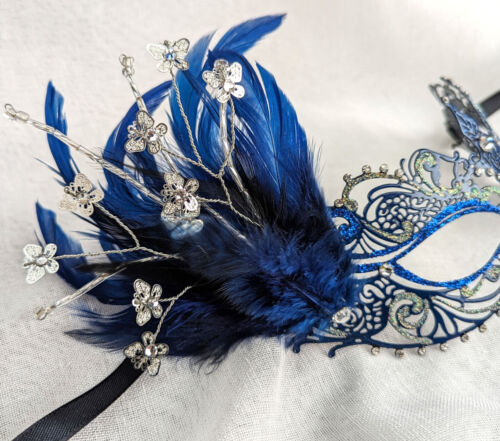 Navy & Blue Metal Masquerade Mask Venetian Feather Party Masque - Picture 7 of 8