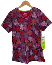 New Landau Pro Flex Womens Nursing Modern Fit Scrub Top Black Red Floral Size XS