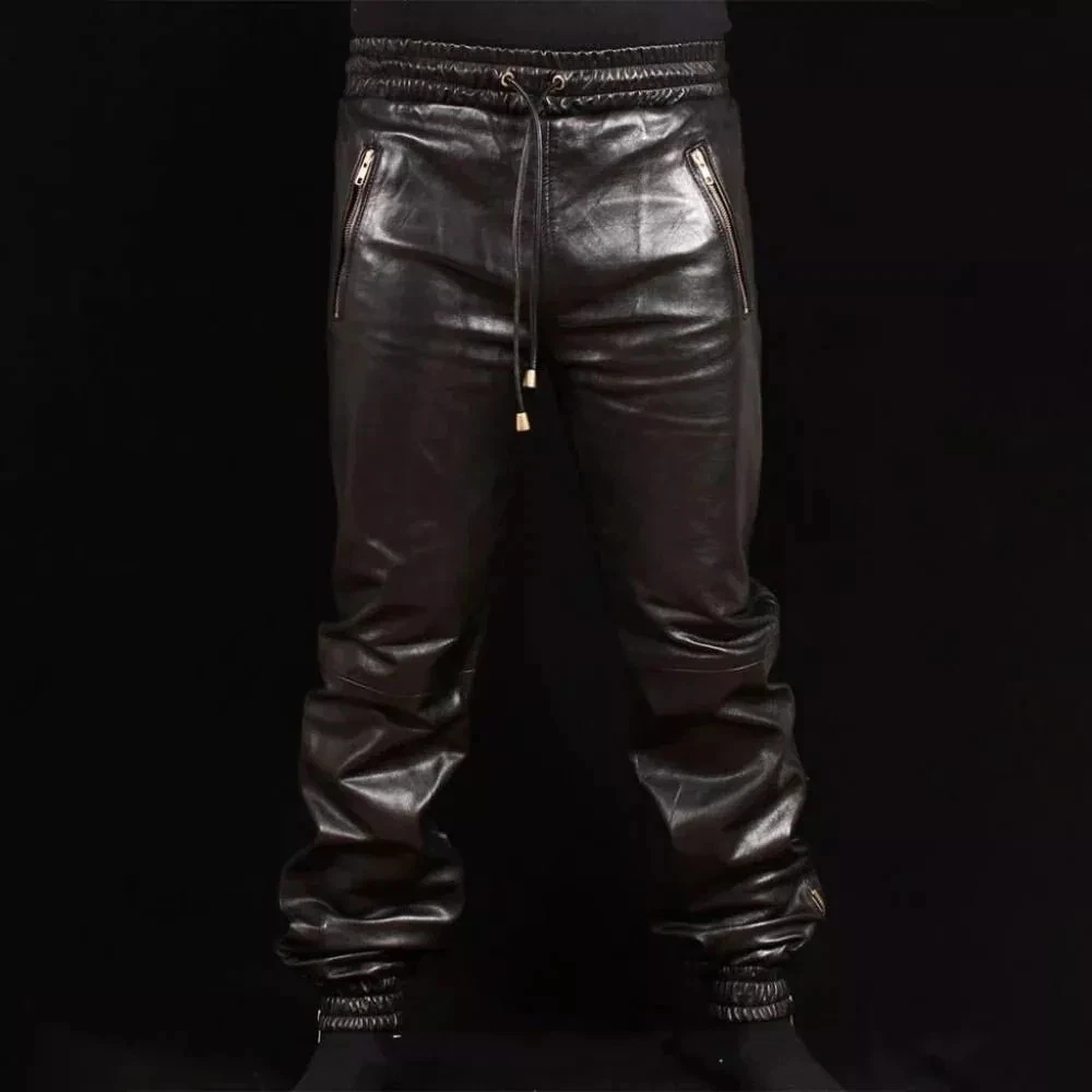 Men's Genuine Lambskin Soft Leather Black Jogger Pants Drawstring Trousers