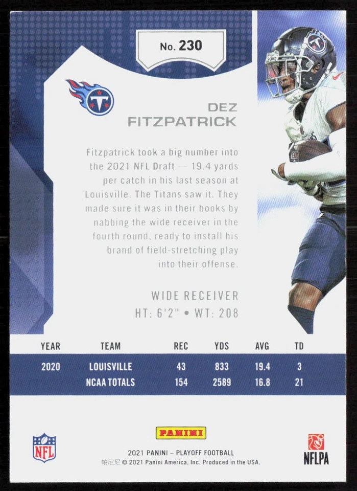 2021 Panini Playoff Dez Fitzpatrick Rookie 4th Down /25 Titans RC - Image 2 of 2