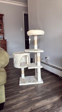 White Cat Tree tower with hidden area, small bed and hanging mouse