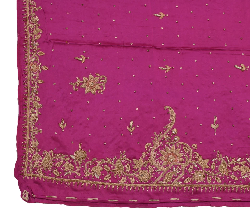 Lenços Sushila Vintage Magenta Pesado Dupatta Seda Pura Frisado à Mão Estola Longa - Imagem 3 de 4
