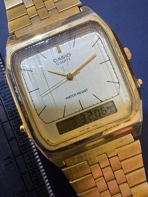 Vintage Casio AQ-302 Module 358 Ana-Digi Gold Tone Men's Watch Japan B-951L