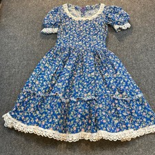 Vintage Handmade Small Blue Floral Lined Peasant Prairie Cottagecore Dress Lace