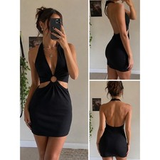 No Comment Women M Mini Dress Black Halter Ring Cutout Y2K Clubwear