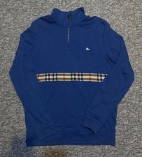 Burberry Mens 1/4 Zip Sweatshirt L Blue Nova Check Panel Pullover Jacket Vintage