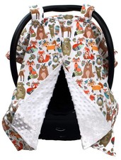 Deluxe Baby Car Seat Canopy Cover, Tribal Woodland Forest Animals, Dot, White