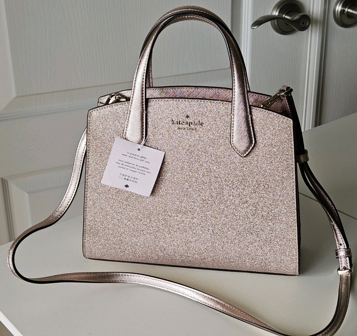 NEW $329 Kate Spade Rose Gold Glitter Tinsel Satchel Top Handle