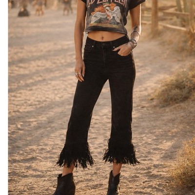 Dg2 Diana Gilman Fringe Hem Cropped Jeans Size 8P Black Western Boho Statement